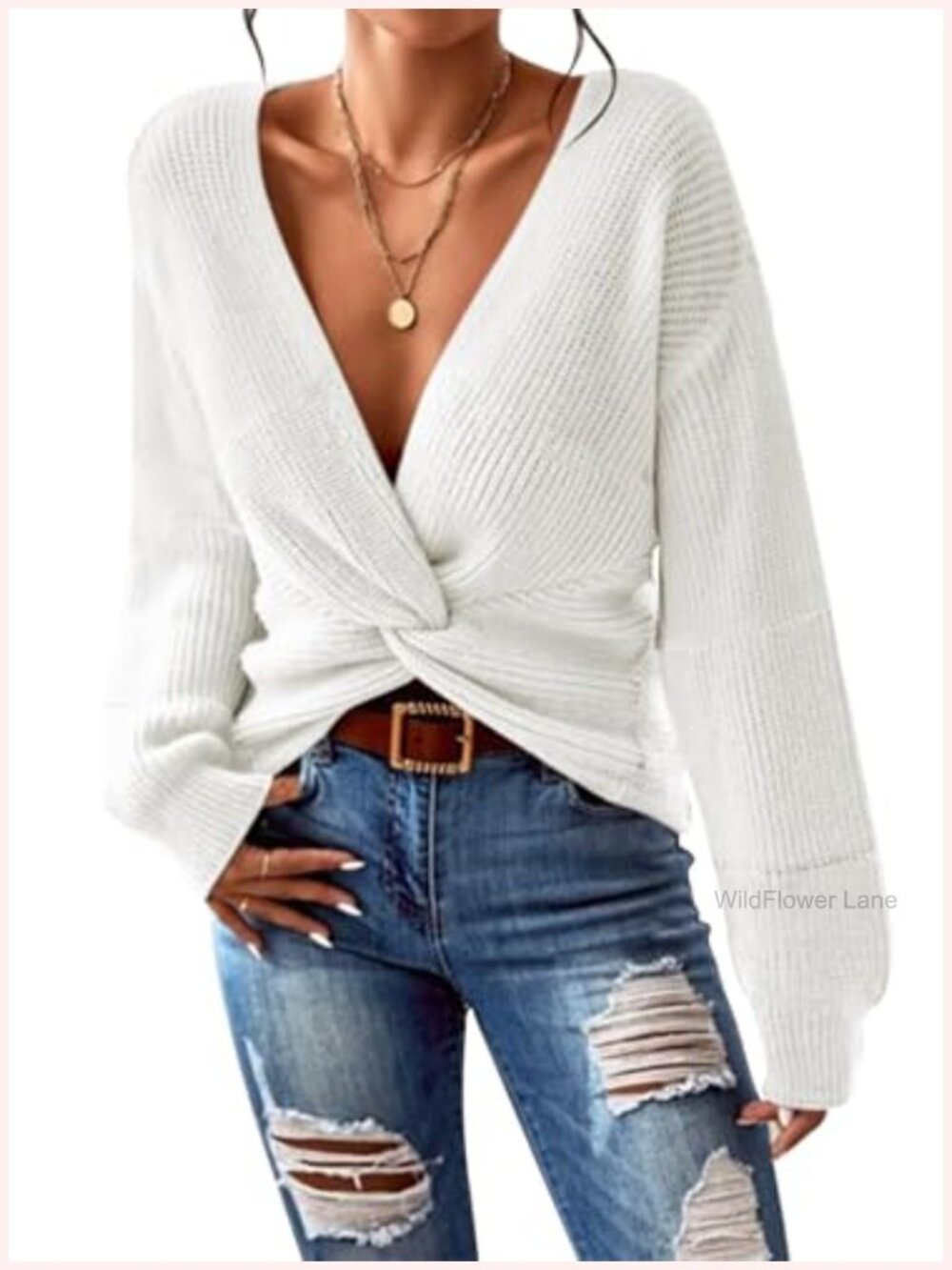 Women's Deep V Neck Twist Front Cropped Knit Sweater Pullover